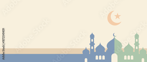 Panoramic Islamic Horizontal Banner with Beige Sky and Blue Mosque Silhouette
