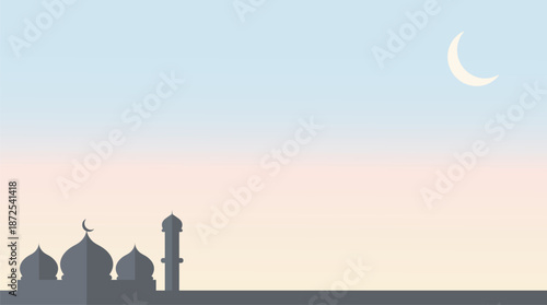 Soft Gradient Sunset Sky with Mosque Silhouette and Crescent Moon for Islamic Holidays