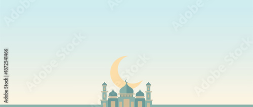 Minimalist Light Blue Islamic Banner with Small Teal Mosque and Golden Crescent Moon