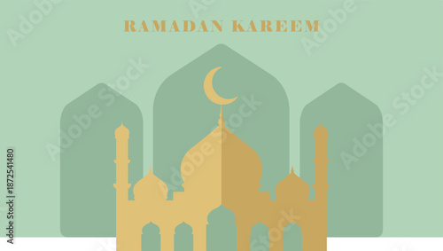 Pastel Mint and Gold Mosque Architecture Vector Illustration for Ramadan Greeting Card