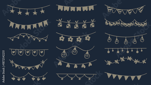 Gold Doodle Divider Bunting Flags Decoration Set.Vector Illustration