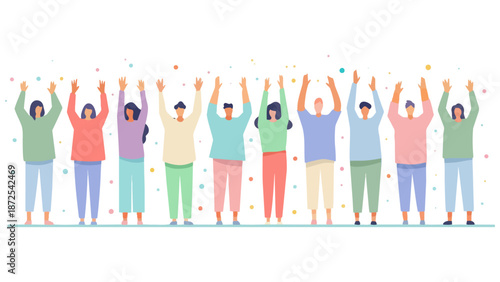 紙吹雪でカラフルな仲間がガッツポーズでわいわい喜び達成を祝う色鮮やかな人々がバンザイする喜び