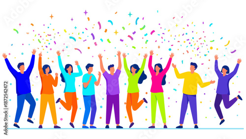 紙吹雪でカラフルな仲間がガッツポーズでわいわい喜び達成を祝う色鮮やかな人々がバンザイする喜び