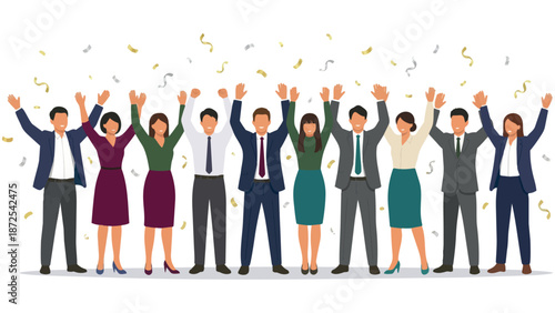 紙吹雪でビジネススーツの仲間がガッツポーズで喜び達成を祝う色鮮やかな人々がバンザイする喜び