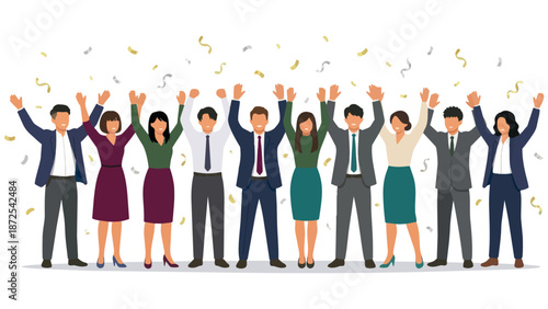 紙吹雪でビジネススーツの仲間がガッツポーズで喜び達成を祝う色鮮やかな人々がバンザイする喜び