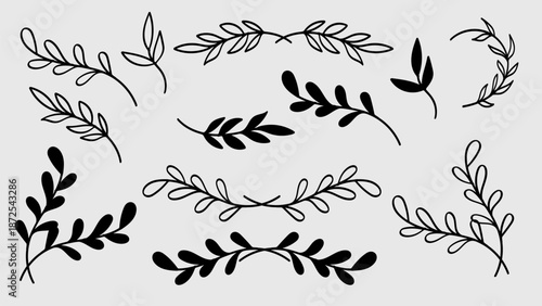 Leaves Divider Line Art and Silhouette Bundle Botanical Hand Drawn Set.Vector Illustration