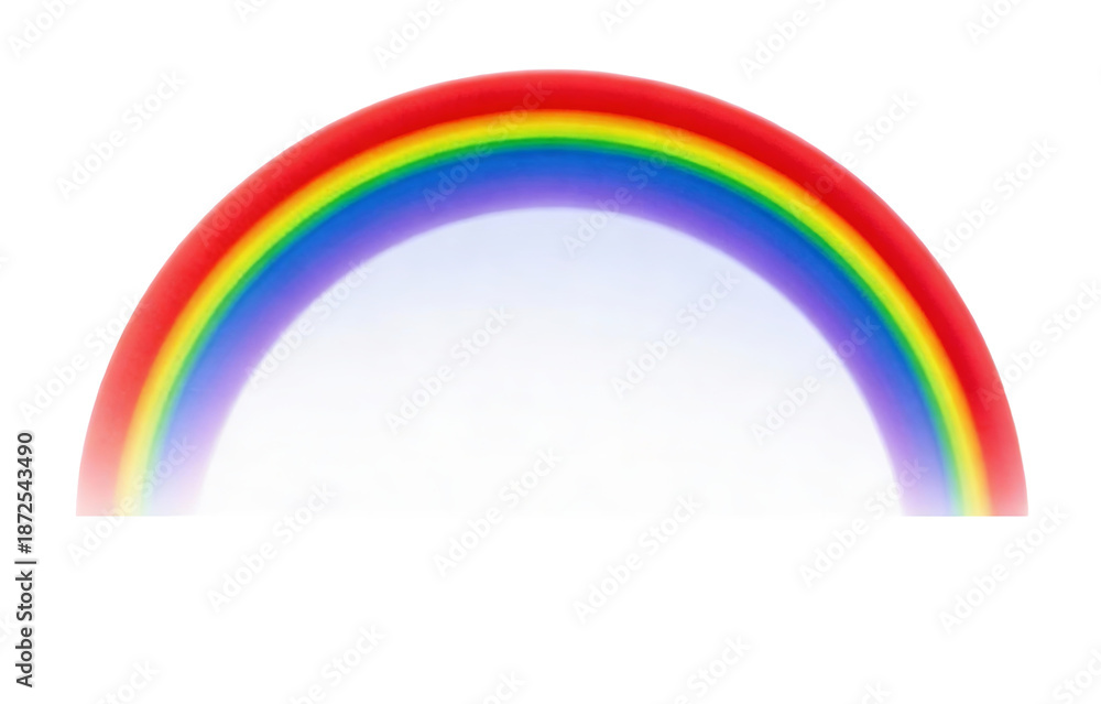 Fototapeta premium A vibrant, semi-circular rainbow arc displaying distinct, colorful bands of red, orange, yellow, green, blue, indigo, and violet. Represents natural light refraction and spectrum phenomena.
