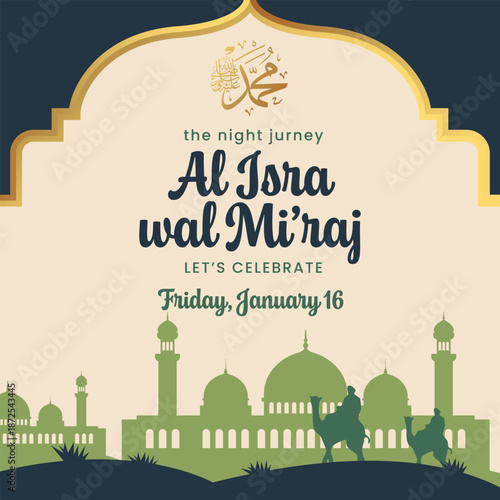 Al Isra wal Mi'raj Islamic Greeting Poster Design.Vector Illustration