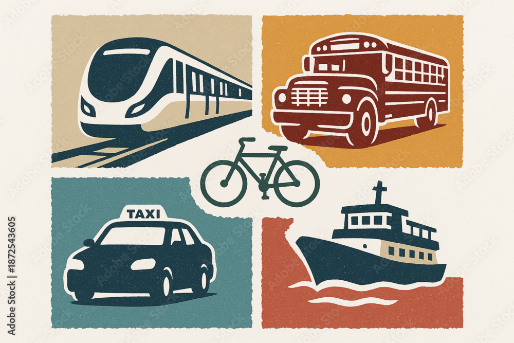 Obraz premium Panama transportation vector icons with metro train diablo rojo bus taxi bicycle and ferry