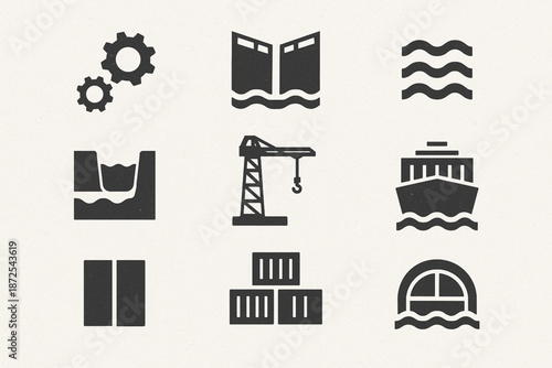 Panama Canal engineering vector icons with gears lock gates water flow crane and container silhouettes