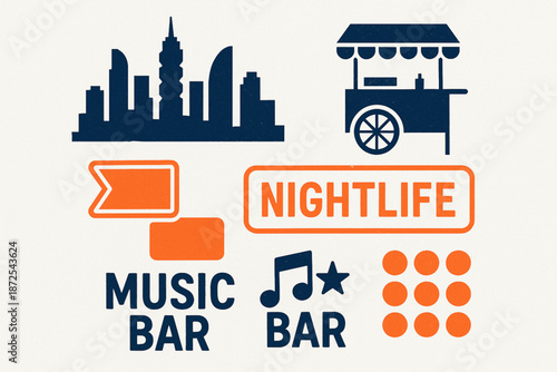Panama City nightlife vector icons with skyscraper street food neon signs music bars and city lights