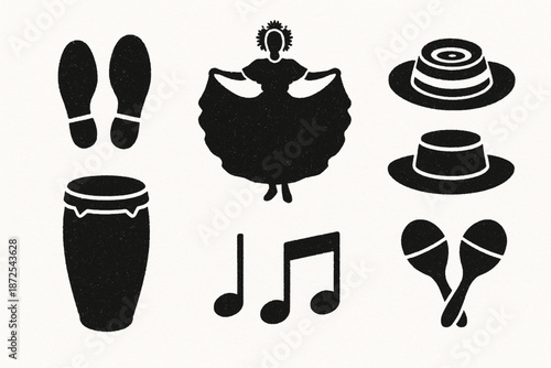 Panama dance vector icons with tamborito steps pollera dancer hats and percussion silhouettes