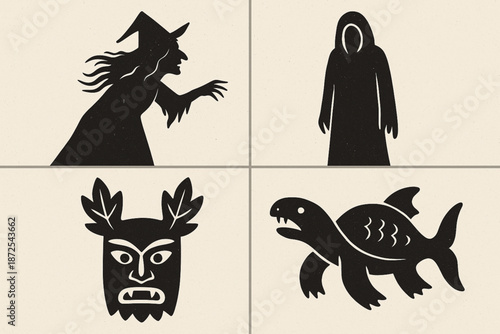Panama mythology vector icons with Tulivieja Silampa forest spirit mask and river creature silhouettes