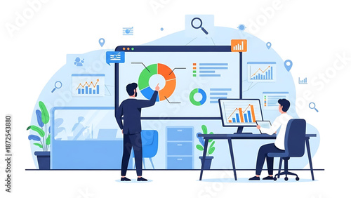 Business team analyzing market data, visualizing trends on digital dashboards. Collaborative strategy for performance insights, financial reports, and informed decision-making