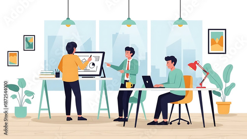 Productive business team collaborating on a strategic project in a vibrant modern office, discussing ideas and analyzing data for company growth and innovation