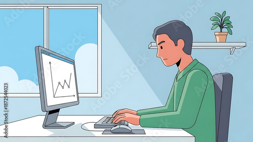 Focused individual analyzing positive business growth data on a desktop computer within a modern home office environment, depicting productivity and financial success