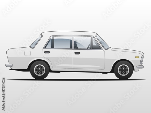 Retro white sedan car side view illustration in clean minimal style, isolated on white background, ideal for automotive design, vintage concept, and transportation themes, vector format