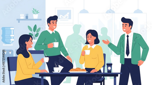 A diverse group of colleagues enjoying a coffee break together in a modern office setting, fostering a sense of camaraderie and collaboration during the workday