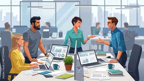 Collaborative team meeting in a modern office space with colleagues discussing data and charts on laptops and screens