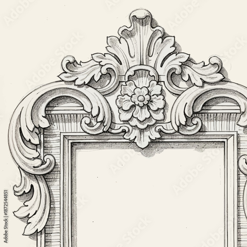Ornate Rococo Frame Drawing, Vintage Decorative Border, Antique Floral Carving Detail