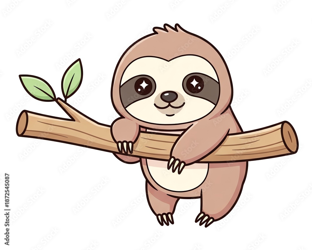 Obraz premium Cute Cartoon Sloth Hanging on a Tree Branch.