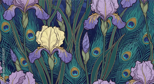 Exotic Botanical Pattern with Purple Iris Flowers and Peacock Feather Accents