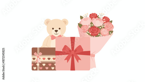 Teddy Bear with Gift Boxes and Flowers.