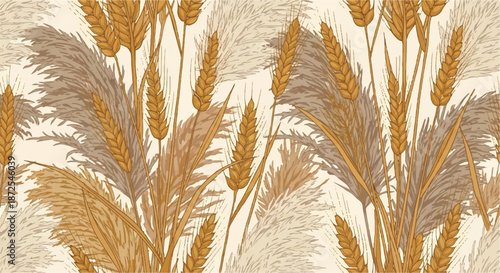 Natural Wheat Stalks and Pampas Grass Pattern Soft Neutral Tones Botanical Illustration