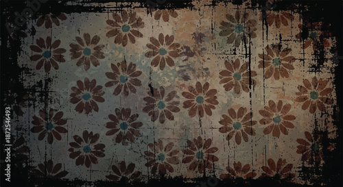 Rustic Grunge Floral Pattern with Distressed Texture and Autumn Brown Daisy Flowers Background