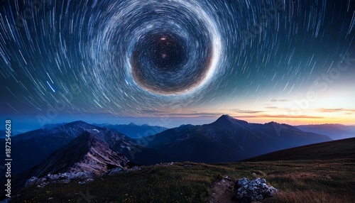 Spiral Galaxy Over A Mountain Landscape At Night