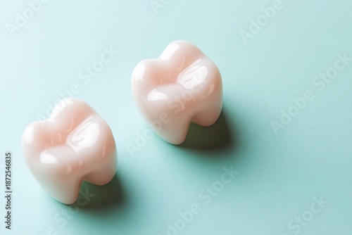 Pink Cartoon Teeth on Mint Green Background for Dental Health and Oral Hygiene Concepts