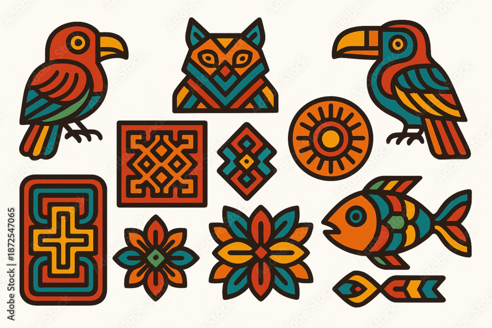 Obraz premium Panama Guna mola vector icons with abstract birds animals textile patterns sun and fish motifs