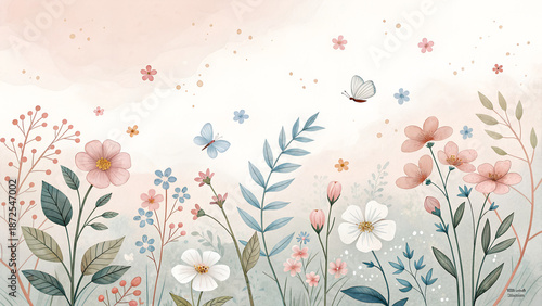 Wallpaper Mural Soft floral spring background with small wildflowers and leaves, pastel palette, subtle watercolor texture Torontodigital.ca