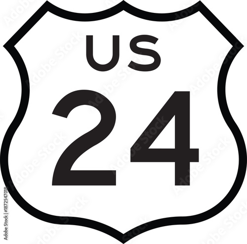 US Route 24 Highway Shield Cutout Sign Road Numbered System Design Vector