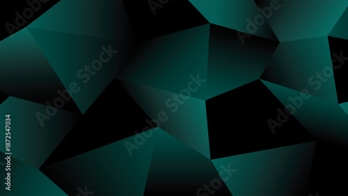 Abstract dark teal and black low poly geometric background with sharp triangular shapes and dramatic lighting. Modern futuristic polygonal wallpaper for creative design.