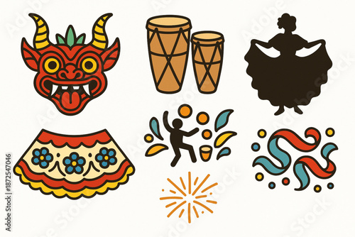 Panama folklore and festival vector icons with diablico mask tamborito drums pollera dancer congo dance fireworks and ribbons