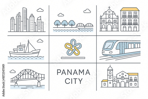 Panama City vector icons with skyline Cinta Costera Casco Viejo fishing boat Amador Causeway metro and bridge of the Americas