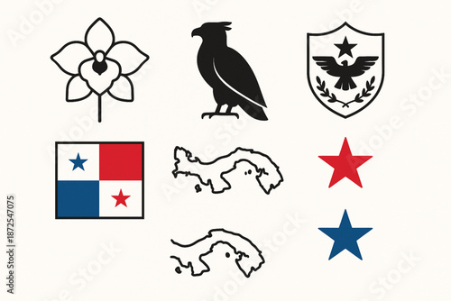 Panama national symbols vector icons with orchid harpy eagle coat of arms flag map and stars