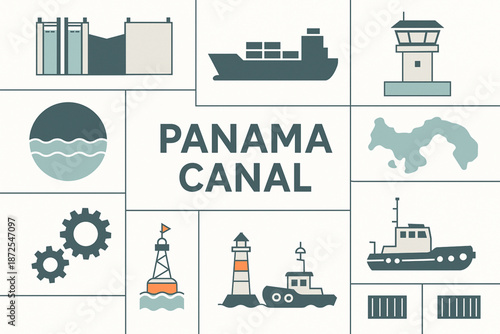 Panama Canal vector icons with locks cargo ship control tower lake tugboat gears map buoy lighthouse and containers