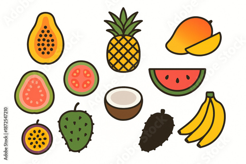 Panama tropical fruit vector icons with papaya pineapple mango guava coconut watermelon passion fruit soursop and plantain