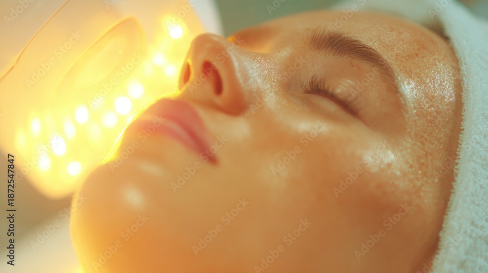 Fototapeta premium Woman experiences facial treatment with light therapy in spa setting