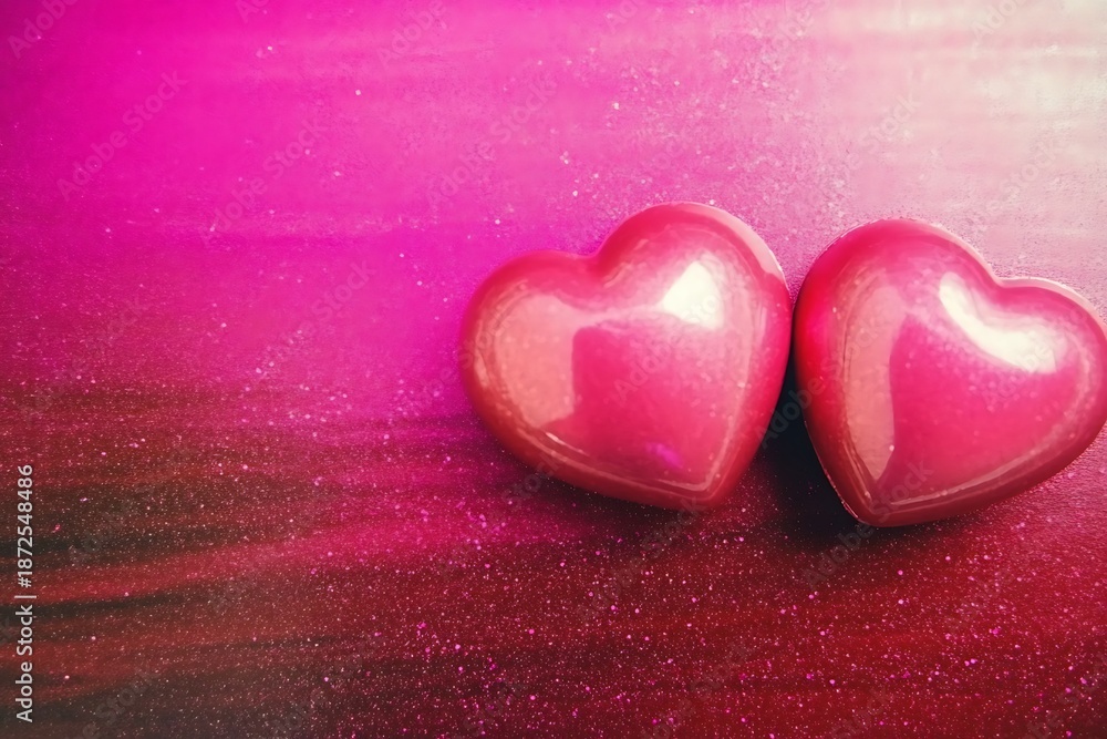 Fototapeta premium Two Glimmering Pink Hearts on a Shimmering Surface for Romantic Themes and Love Concepts