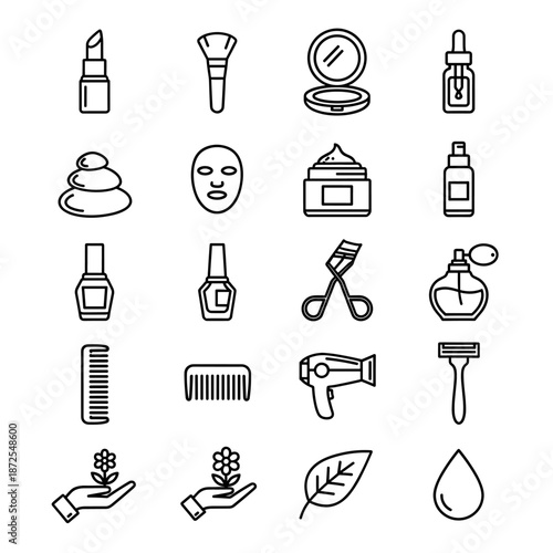 A collection of beauty and cosmetic icons, including lipstick, brush, mirror, serum, stones, mask, cream, spray, nail polish, eyelash curler, perfume, comb, hairdryer, razor, flower, and a leaf.