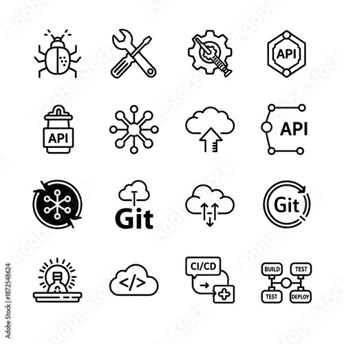 A collection of modern software development icons, including bugs, gears, cloud computing, and API symbols, are arranged in a grid, representing technology and innovation.