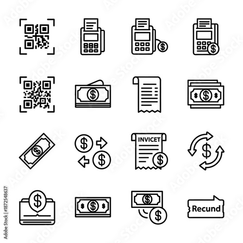 A collection of financial icons in a clean, minimalist style, showcasing payment methods, transactions, receipts, and currency symbols, perfect for business and commerce related projects.