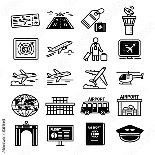A collection of stylized black and white airport and travel icons, including airplanes, tickets, luggage, and a control tower, perfect for design and illustrating travel concepts.