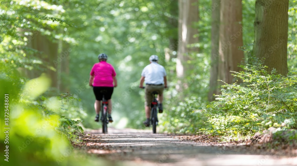 Obraz premium Couple riding bicycles on a forest trail surrounded by trees