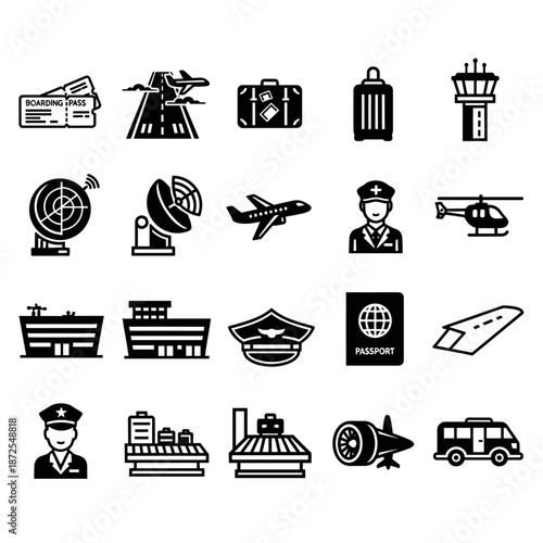 A vector illustration presents a collection of airport-related icons, including airplanes, luggage, control tower, radar, tickets, and travel symbols, perfect for design needs.