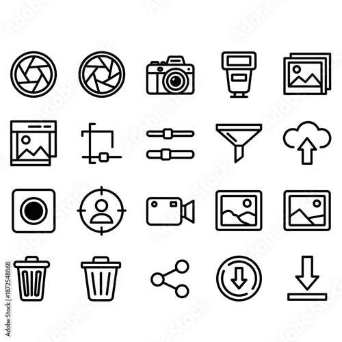 A collection of illustrated photography and image editing icons, presented in a clean, minimalist style, perfect for digital design and user interface elements, on a white background.