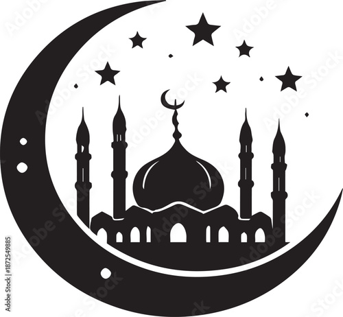 Crescent moon and mosque silhouette with stars islam